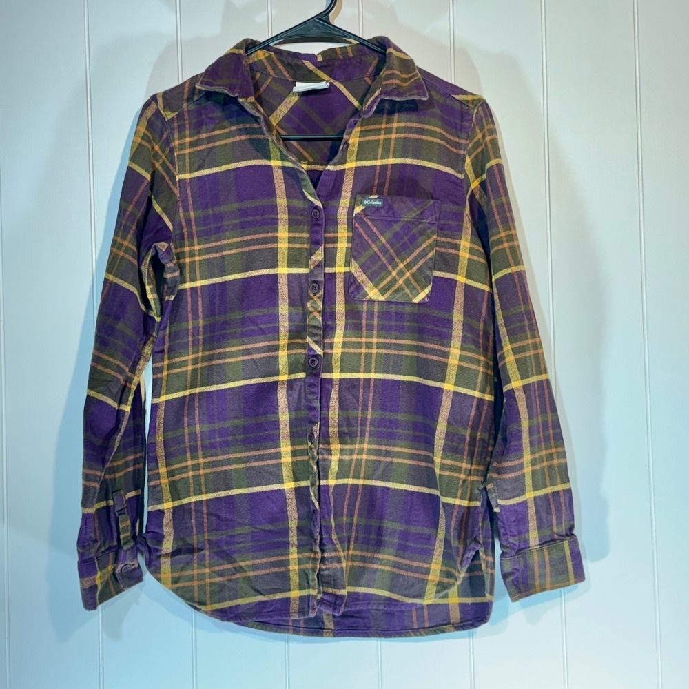 Columbia Womens Purple Yellow Plaid Flannel Button Down Shirt Size S